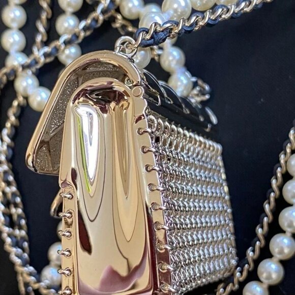 CHANEL MICRO BAG Pendant Bling NECKLACE 2 Strap Crossbody Gold & Pearls - Picture 4 of 13